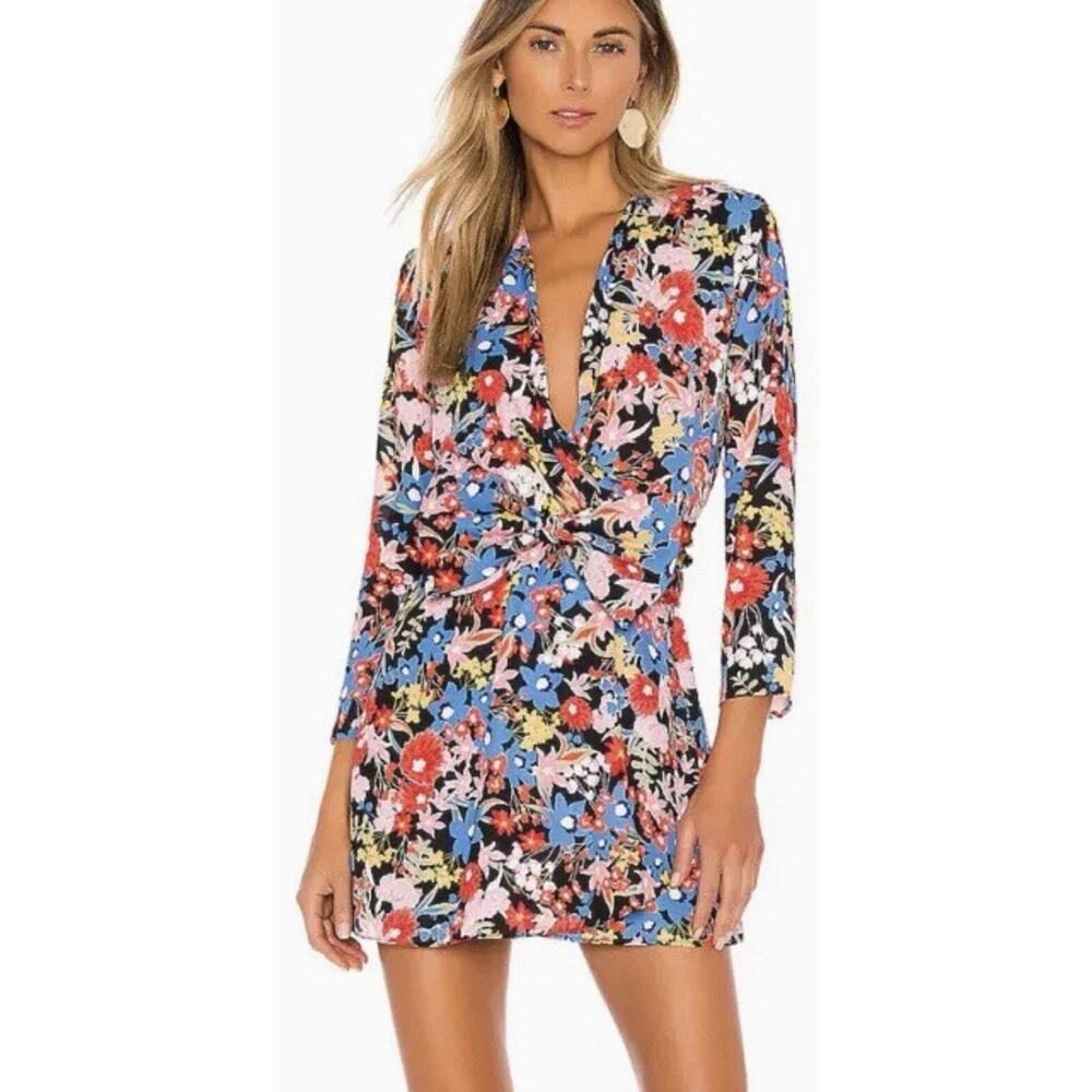 Revolve RESA Iris Bow Floral Mini Dress V-Neck Flirty Playful Romantic Size XS
